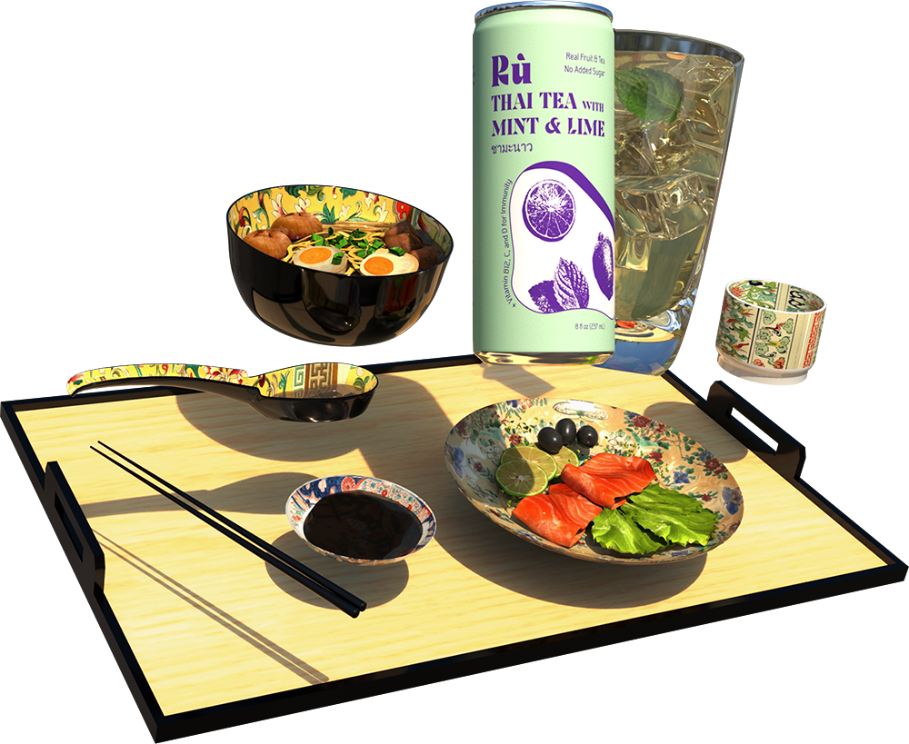 3d render of beverage with tray of food